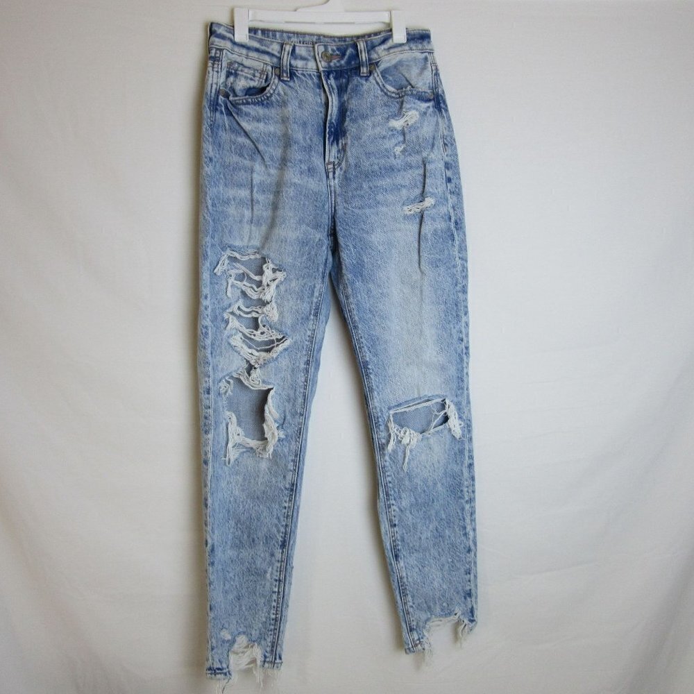 American Eagle Mom Jeans Acid Wash Heavily Distressed Denim Ankle Women's 0